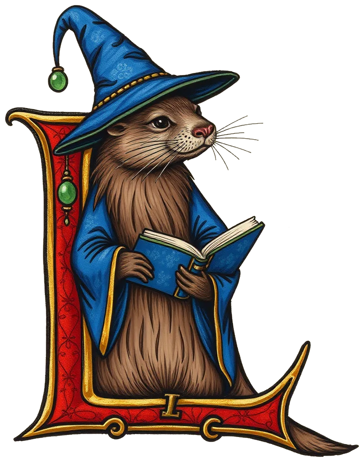 Historiated initial L with the otter wizard painted inside the letter