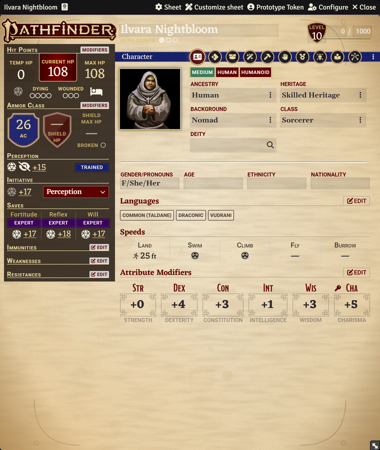 A customized Pathfinder 2e sheet